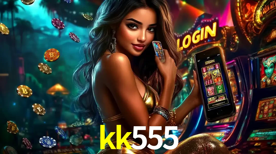 Mulher em um cenário de cassino temático de aventura, mostrando o app de caça-níqueis da kk555 no celular. Fichas de apostas flutuam ao redor.