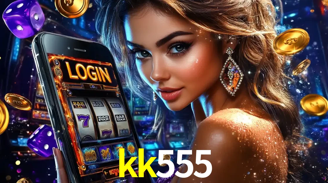 Mulher glamorosa segurando um smartphone com a tela de login para os jogos de caça-níqueis do cassino online kk555, com moedas de ouro e dados ao redor.